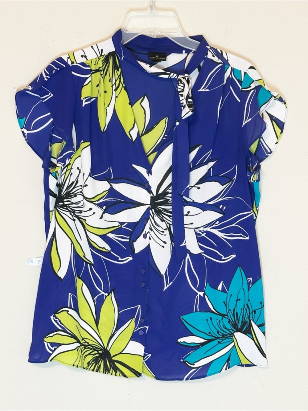 Worthington Blue Lime Green Floral Tie-Neck Blouse with ruffle sleeves - size L